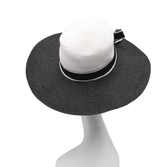 Large Brim Black White Summer Hat Ribbon Classic Faux Straw Wedding Party Event - Picture 3 of 10